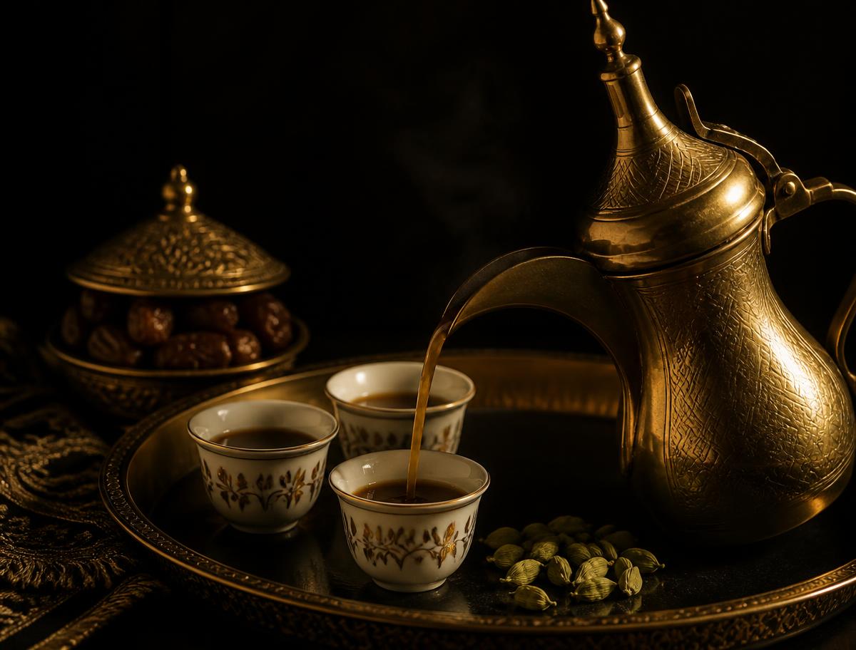 Arabic coffee poured from a brass dallah beside green cardamom pods