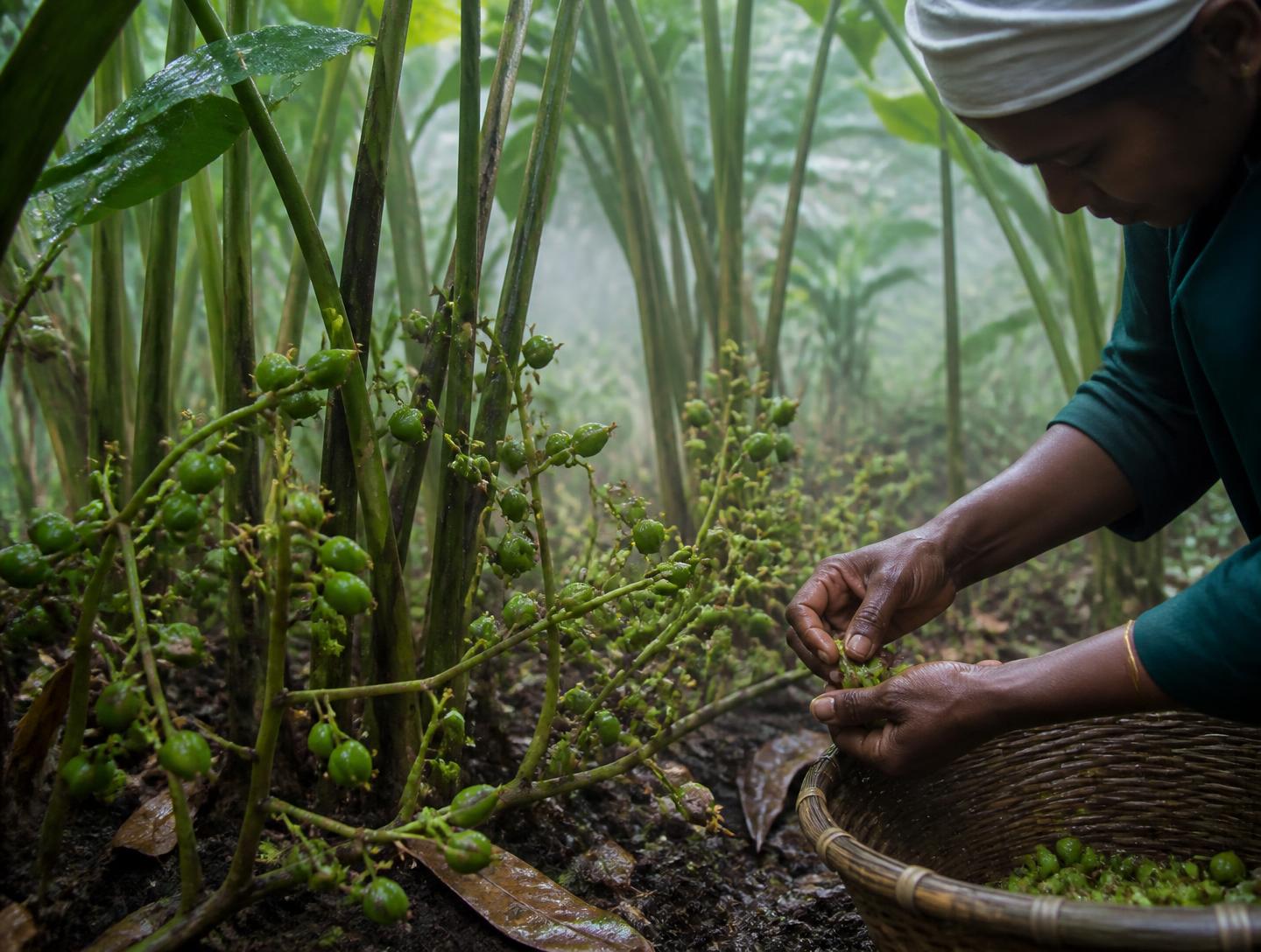 Cardamom plant with fresh green pods being hand-picked on a misty plantation